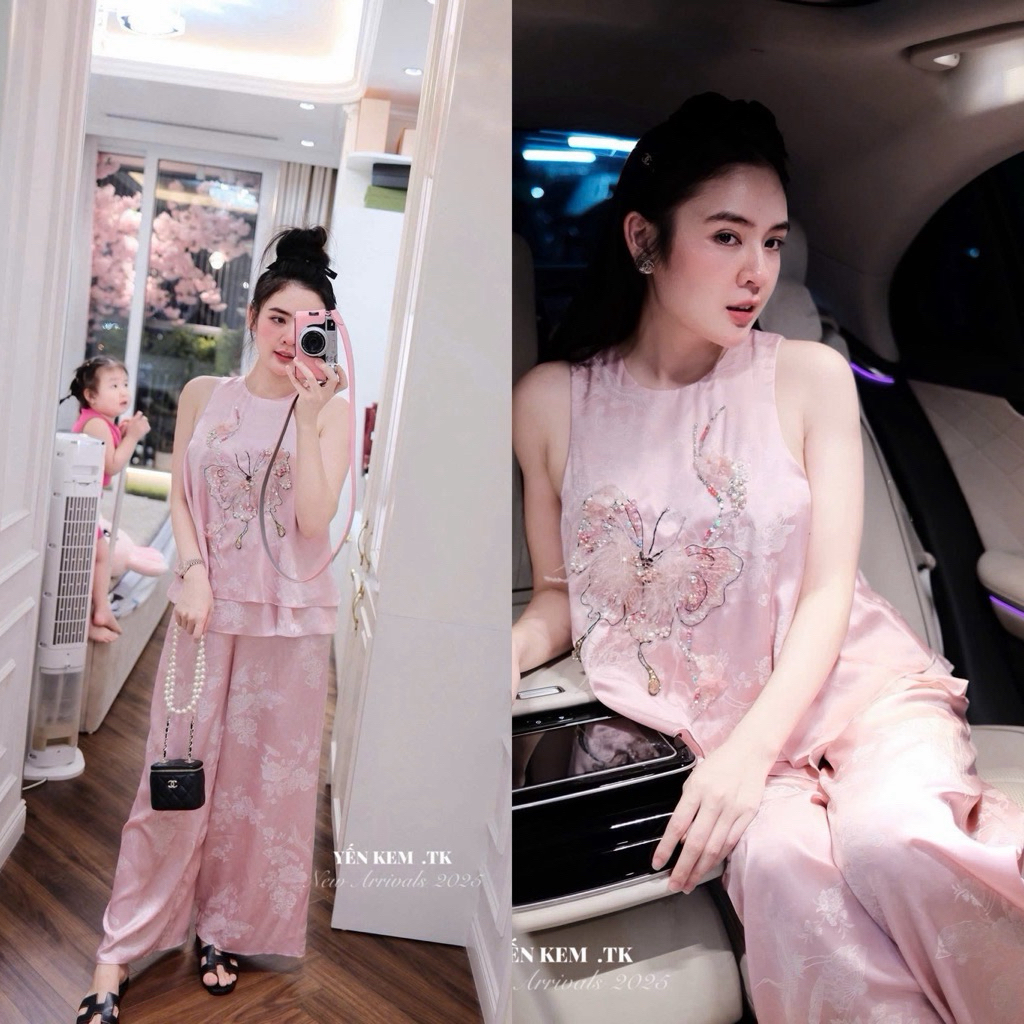 Set áo lụa bứm kết kim sa lông vũ quần suông Thảo Hàn