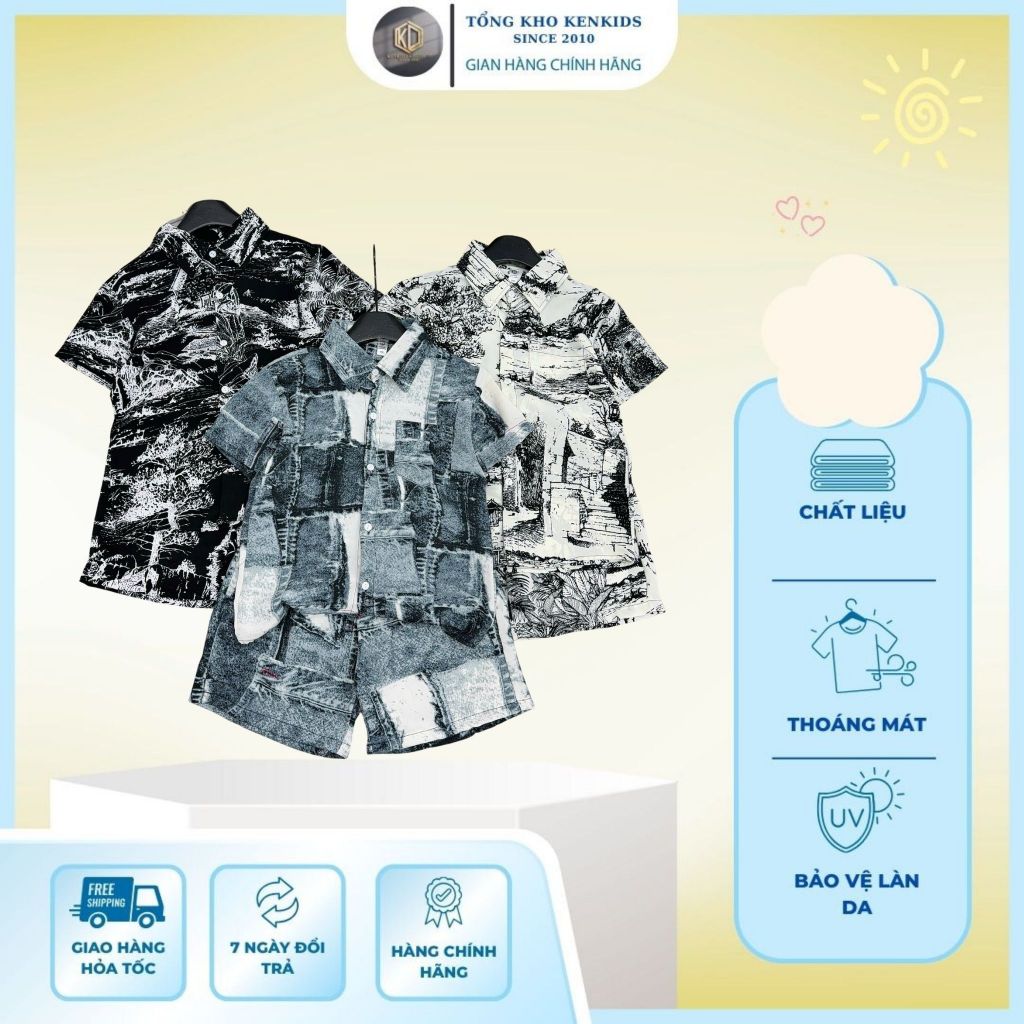 BỘ SƠ MI CHẤT LỤA HÀN cho bé trai, chất liệu mềm mịn, mát, không nhăn, không bai xù, 3 màu, size từ 17-60kg