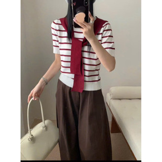 LT - Áo len nữ mongtoghi cộc tay kèm khăn choàng liền áo kẻ sọc ngang free size 1184