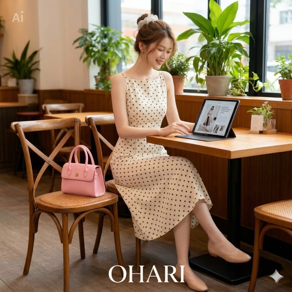 Váy CỔ THUYỀN họa tiết CHẤM BI dáng dài Hàn Quốc siêu xinh, Đầm hai dây chấm bi tiểu thư