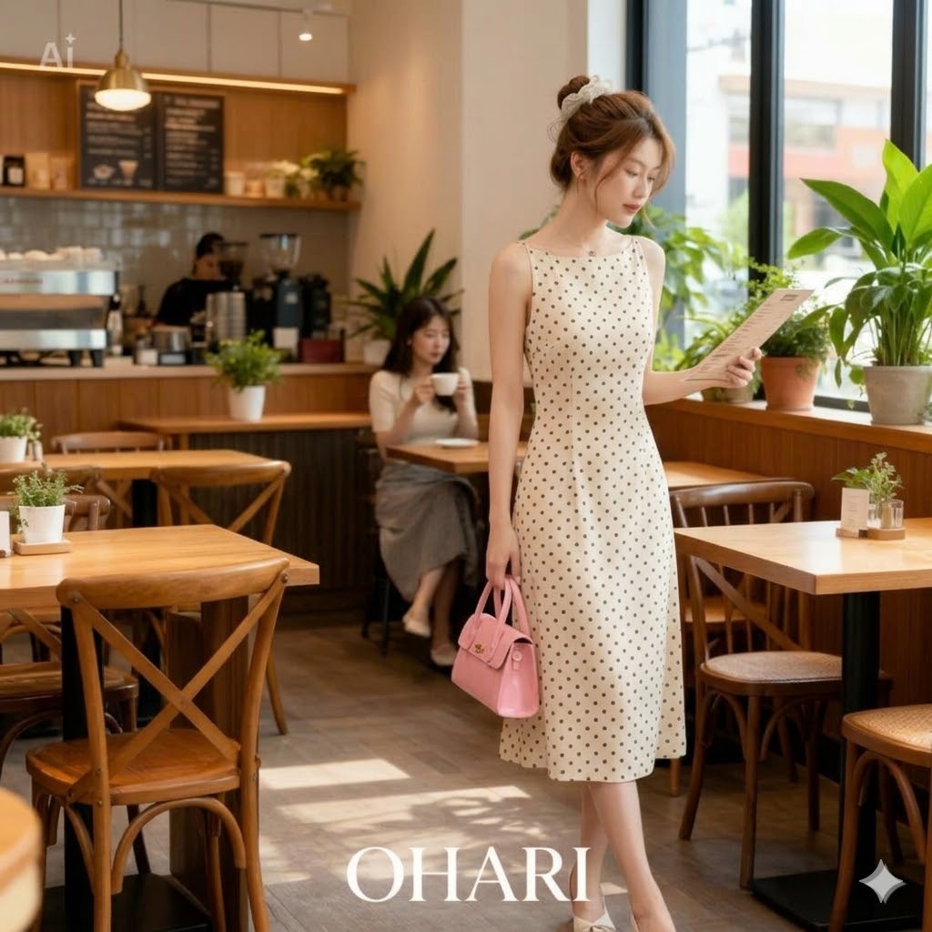 Váy CỔ THUYỀN họa tiết CHẤM BI dáng dài Hàn Quốc siêu xinh, Đầm hai dây chấm bi tiểu thư