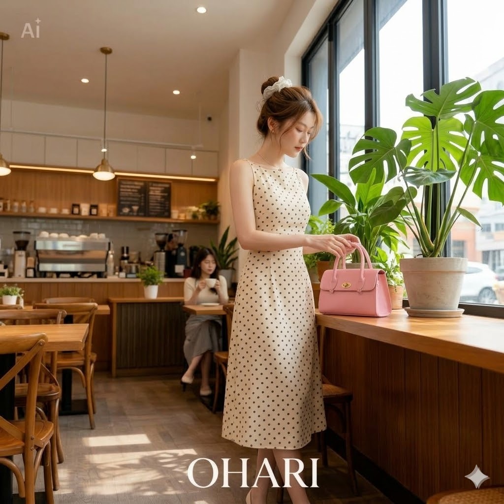 Váy CỔ THUYỀN họa tiết CHẤM BI dáng dài Hàn Quốc siêu xinh, Đầm hai dây chấm bi tiểu thư