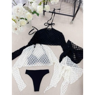 LYNLUX Bikini Nữ 4 Món Kèm Áo Ren Tay Dài Và Khăn Quấn Eo, Set Đồ Bơi Nữ Gợi Cảm Vải Ren Thun Mềm Mại Phối Bikini Thun