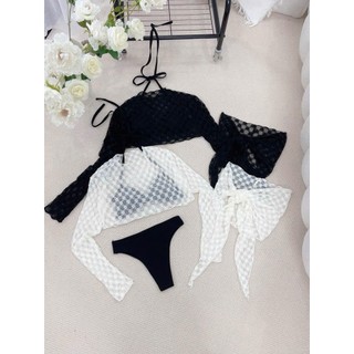 LYNLUX Bikini Nữ 4 Món Kèm Áo Ren Tay Dài Và Khăn Quấn Eo, Set Đồ Bơi Nữ Gợi Cảm Vải Ren Thun Mềm Mại Phối Bikini Thun