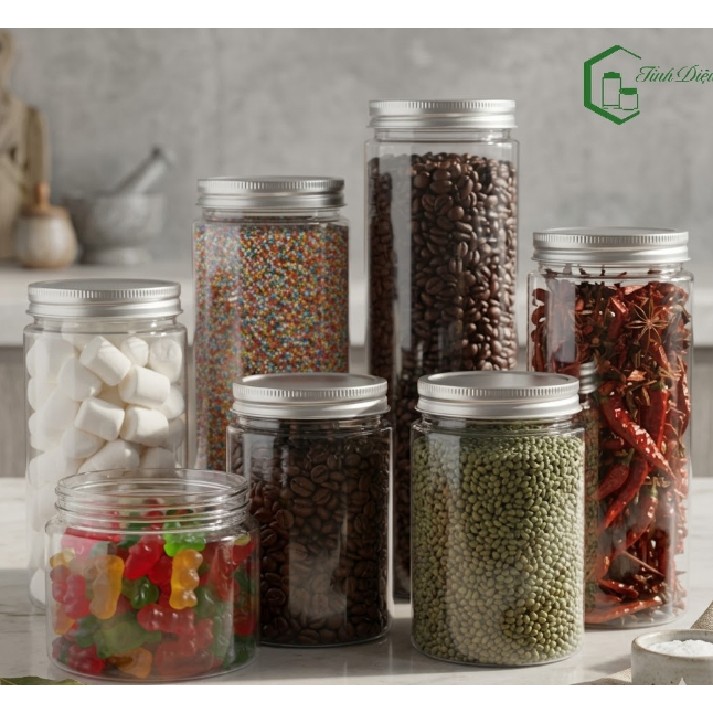 Combo 25 Hũ Nhựa PET Phi 100 Nắp Vặn Kèm Seal - Hũ Đựng Snack, Ngũ Cốc, Thực Phẩm - Tặng 1 Chai Tim