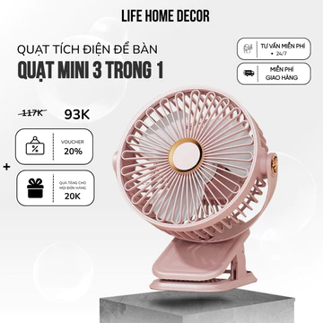 Life Home - Quạt Tích Điện Kẹp Bàn Đa Năng, Quạt Sạc Mini 3 Trong 1 (Kẹp - Treo - Để Bàn), Xoay 360 Độ, Hoạt Động Êm Ái