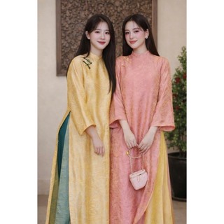 Áo Dài Tằm Óng Ánh Kim 4 Tà Dáng Xuông Rộng Điểm Cúc Tàu phù hợp mặc Lễ ,Tết-jinndesign