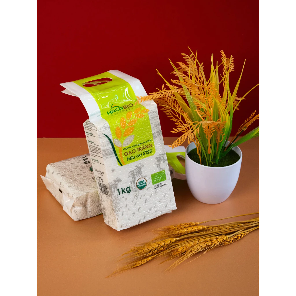 Gạo trắng ST25 hữu cơ 1KG HASABIO - Gạo hữu cơ nấu cháo cho bé - Nhà Hữu Cơ