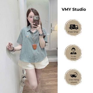 VMY Studio - Áo sơ mi nữ kẻ sọc thêu ngựa thời trang QCCC, áo thun cộc kẻ mềm mại đi du lịch sang chảnh nữ