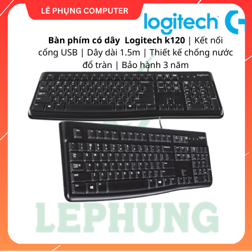 Bàn phím có dây  Logitech k120 | Kết nối cổng USB | Dây dài 1.5m | Bền bỉ, chống tràn | Bảo hành 3 năm