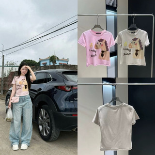 Áo phông cotton cổ tròn cộc tay hình ngựa đeo kính form gọn