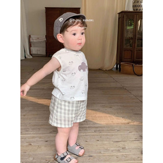 Bộ ba lỗ in hình ô tô phối quần kẻ caro cho bé trai