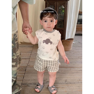 Bộ ba lỗ in hình ô tô phối quần kẻ caro cho bé trai