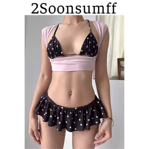 2Soonsumff Bikini 3 mảnh họa tiết trái tim buộc dây phối bèo sexy bộ đồ bơi cao cấp gợi cảm cho nữ