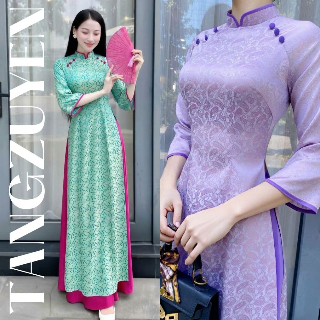 Áo Dài Nữ Cách Tân Tím Pastel Họa Tiết Vân Chìm set Áo Dài Tay Lỡ Dáng Suông Hiện Đại Kèm Quần Lụa Ống T1521G