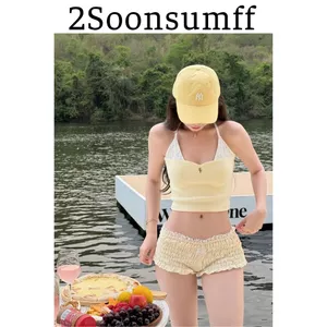 2Soonsumff Bikini 2 mảnh buộc dây phối ren kèm quần short ngắn nhún chun sexy ngọt ngào, bộ đồ bơi cao cấp cho nữ