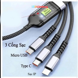 Cáp sạc 3 đầu bọc dù cao cấp sạc nhanh 100w Màn hình kỹ thuật số phukienmk10