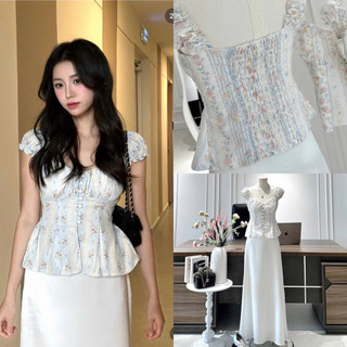 SEP House - Set áo hoa nhí sọc xanh cổ vuông dáng peplum mocking lưng sau phối cv midi dáng dài tôn dáng - Hàng loại 1