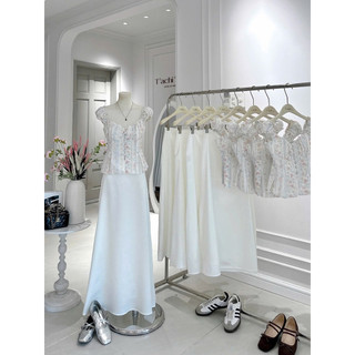 SEP House - Set áo hoa nhí sọc xanh cổ vuông dáng peplum mocking lưng sau phối cv midi dáng dài tôn dáng - Hàng loại 1