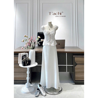 SEP House - Set áo hoa nhí sọc xanh cổ vuông dáng peplum mocking lưng sau phối cv midi dáng dài tôn dáng - Hàng loại 1
