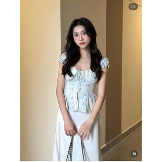 SEP House - Set áo hoa nhí sọc xanh cổ vuông dáng peplum mocking lưng sau phối cv midi dáng dài tôn dáng - Hàng loại 1