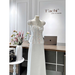 SEP House - Set áo hoa nhí sọc xanh cổ vuông dáng peplum mocking lưng sau phối cv midi dáng dài tôn dáng - Hàng loại 1