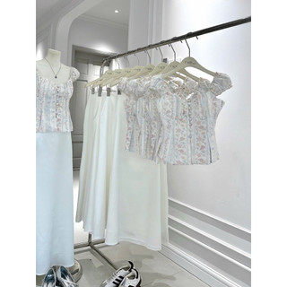SEP House - Set áo hoa nhí sọc xanh cổ vuông dáng peplum mocking lưng sau phối cv midi dáng dài tôn dáng - Hàng loại 1