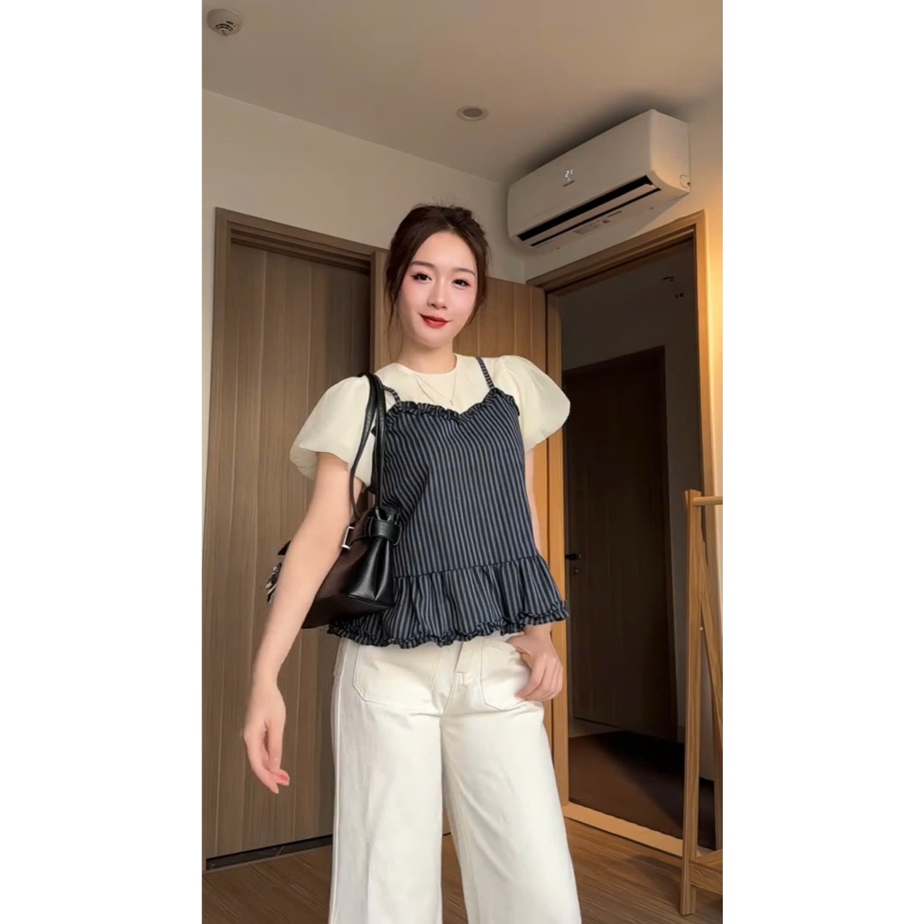 Set Áo Kiểu Tay Bồng Cộc Tay Phối Liền Áo 2 Dây Kẻ Xanh Bèo Nhún Babydoll Nàng Thơ