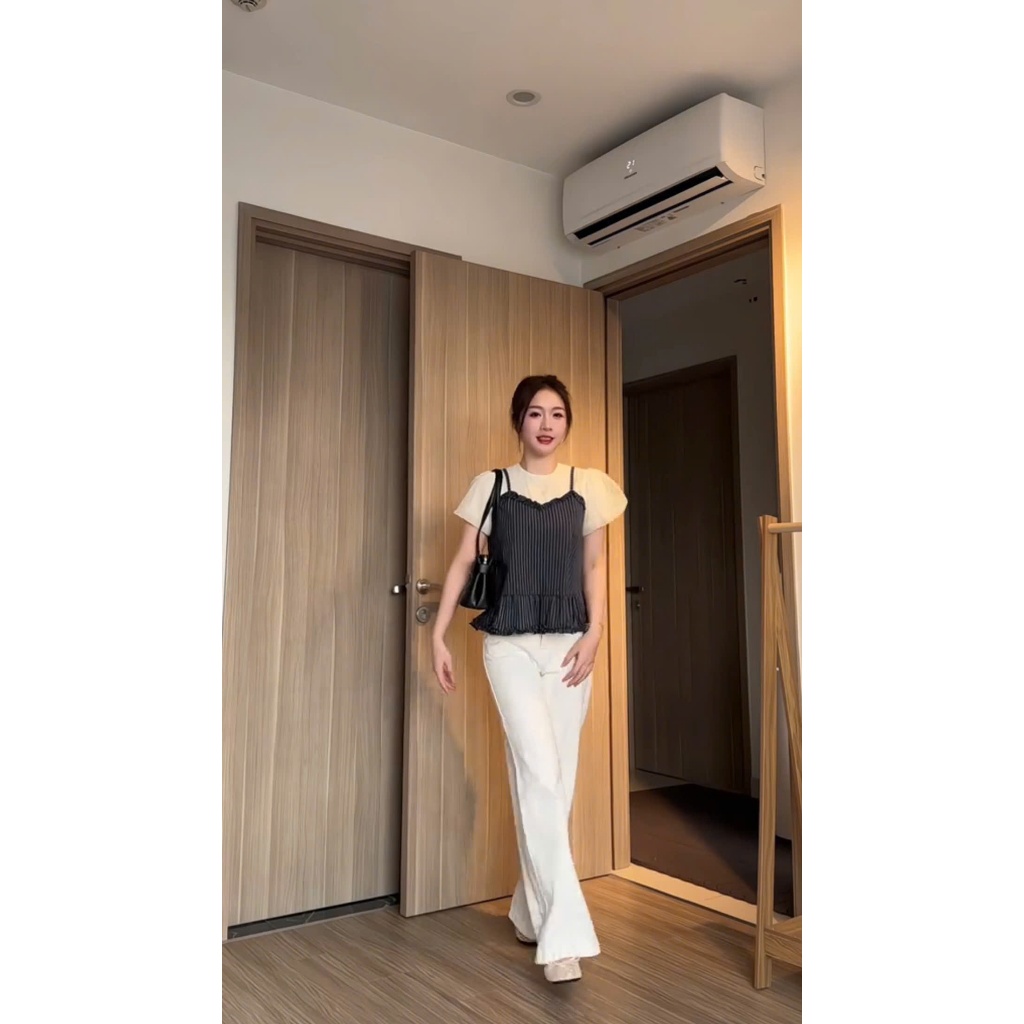 Set Áo Kiểu Tay Bồng Cộc Tay Phối Liền Áo 2 Dây Kẻ Xanh Bèo Nhún Babydoll Nàng Thơ