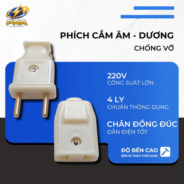 Phích cắm dương, phích cắm âm - Phích cắm điện âm dương chống vỡ 4 ly - Tải 3000W chân đồng