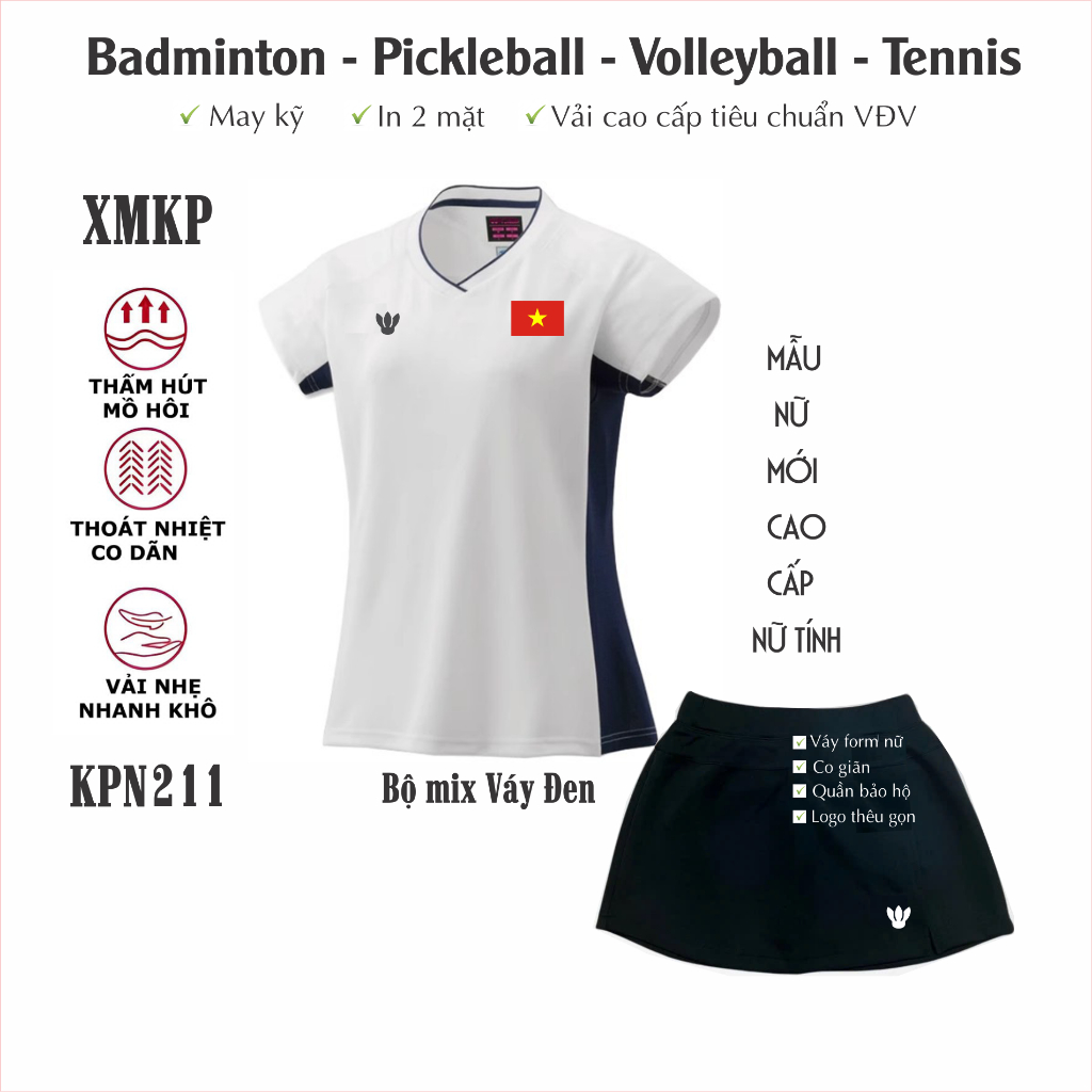 Bộ Nữ thể thao VN Cầu lông, Pickeball, Bóng chuyền, Bóng bàn, thể dục co giãn, thoáng khí, mẫu mới cao cấp đẹp (KPN211)