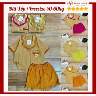Đồ ngủ nữ 40-60kg, pijama đùi ngắn cổ nhún bèo thuê gấu đũi gân xốp 60CC28, đồ bộ nữ đồ mặc nhà tiểu thư dễ thương