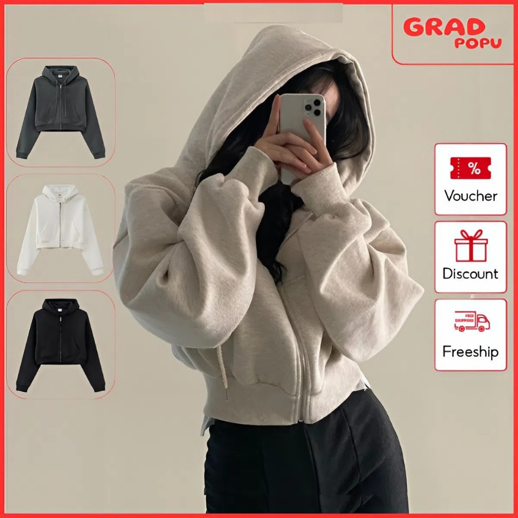 Áo khoác hoodie nỉ GRADPOPU dáng croptop trẻ trung, nỉ Hàn mềm form rộng thoải mái siêu xinh PH4422