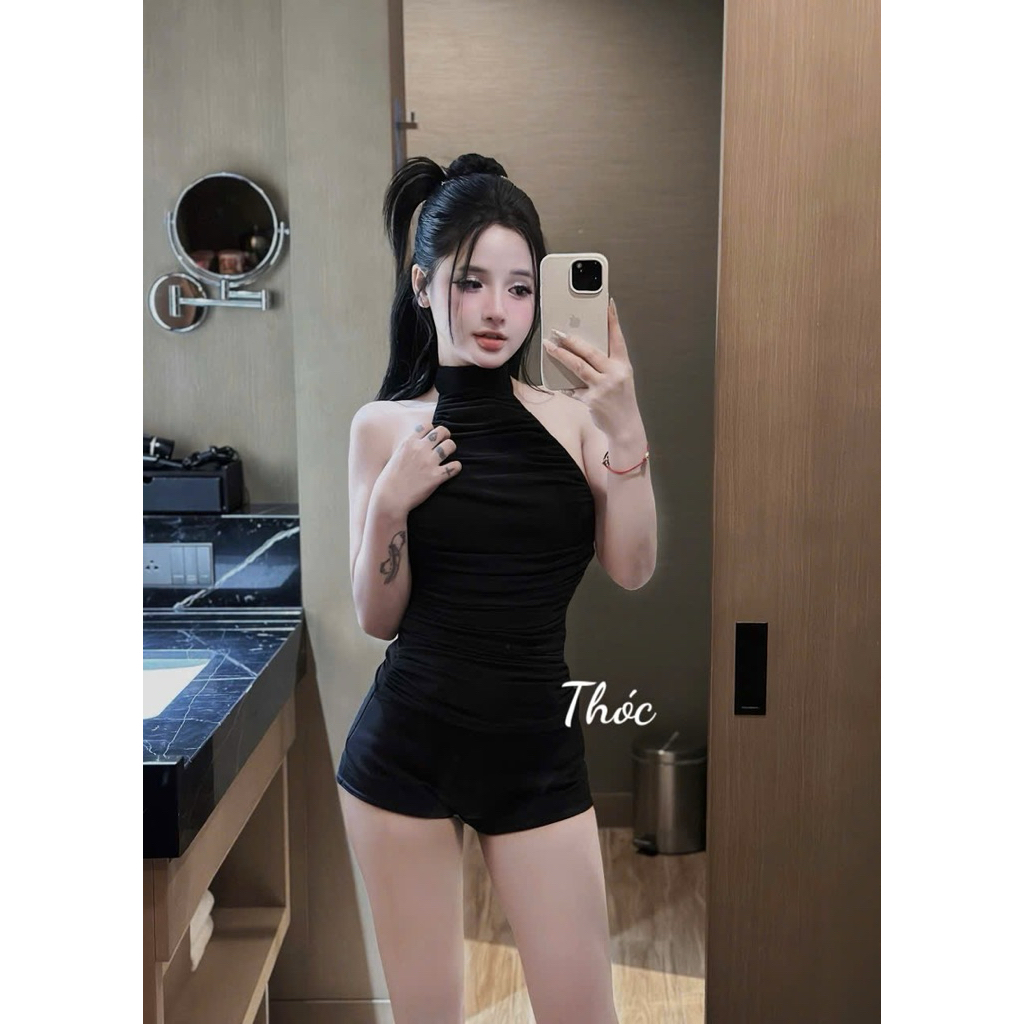 Áo body nhún cổ yếm mix đồ gợi cảm
