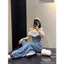 Set áo phối ren bèo quần jeans suông