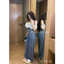 Set áo phối ren bèo quần jeans suông
