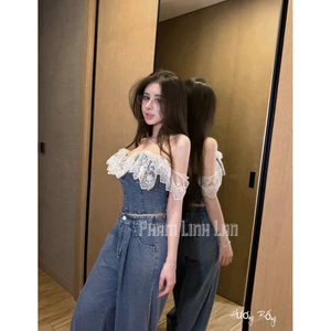 Set áo phối ren bèo quần jeans suông