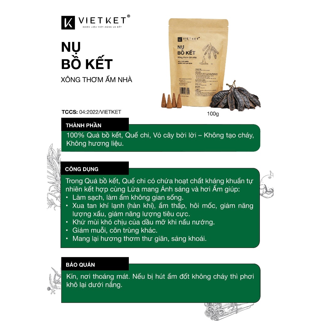 50 - 55 Nhang Nụ Thảo Dược Bồ Kết VIETKET 100g - Có Nụ Cháy Kém Vì Không Tạo Cháy, Xông Thơm Ấm Nhà, Tẩy Uế, Tự Nhiên