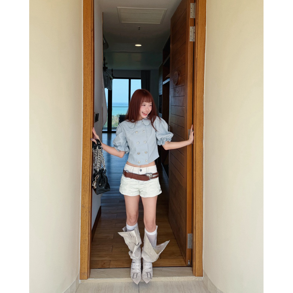 Rina Double-Breasted Top - Remmus | Áo kaki lụa co giãn nhẹ tay phồng - BST DOLLY HOUSE