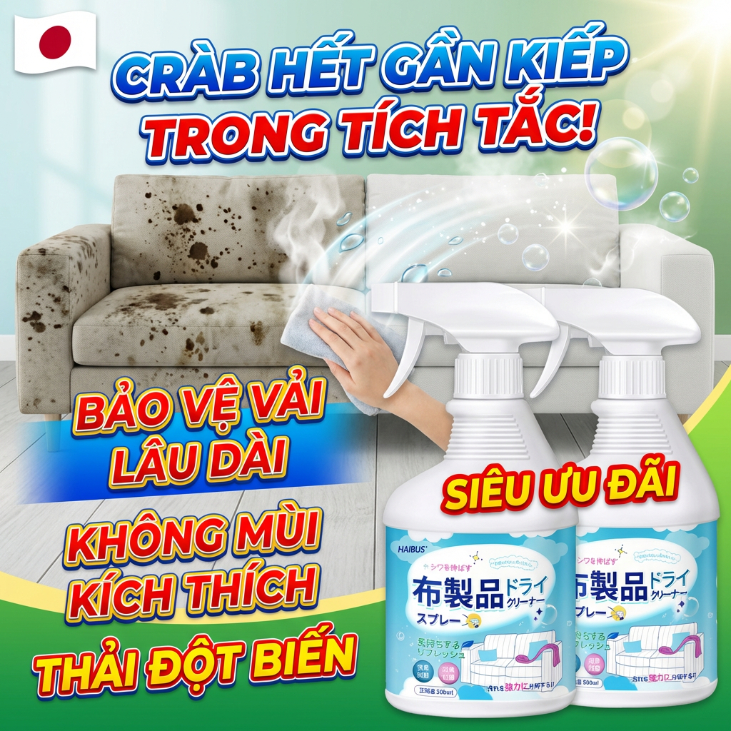 💨 Loại bỏ mọi vết bẩn! 🔥 Xịt làm sạch nệm, ghế sofa, quần áo 500ml – Không cần giặt, bảo vệ vải, không để lại vết nước