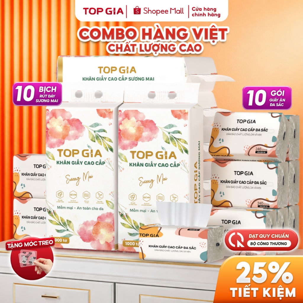 [COMBO HÀNG VIỆT CHẤT LƯỢNG CAO] Giấy rút cao cấp TopGia mềm mịn dày dai 4 lớp thấm hút tốt