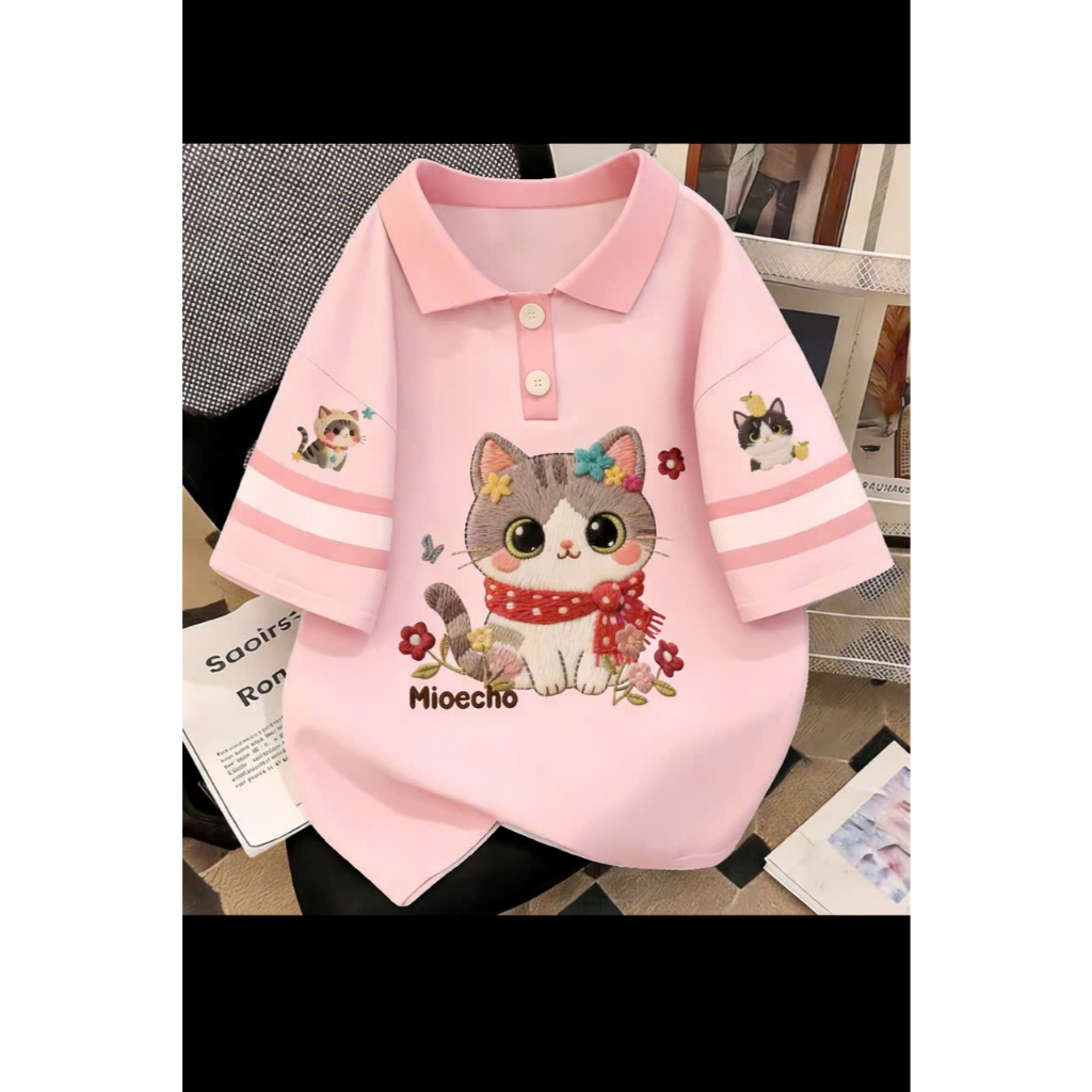 ÁO POLO IN HÌNH MÈO MIOECHO BÉ GÁI,CHẤT POLY MỀM MỊN, DỄ MẶC,ĐI HỌC HAY ...