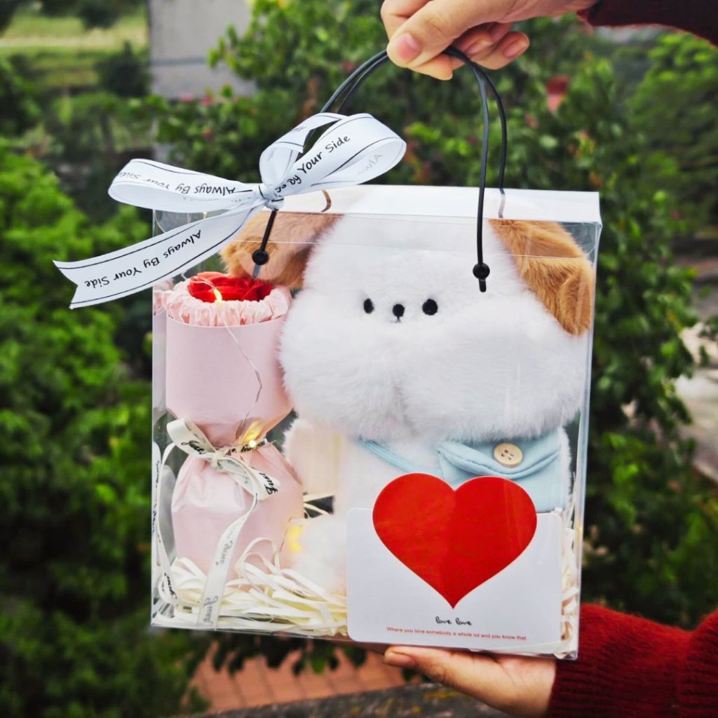 Set Quà Tặng Gấu Bông Cute Kèm Hoa Sáp Đựng Hộp Kính Trong Suốt Sang Trọng Tặng Sinh Nhật, Bạn Gái, 8/3, 14/2