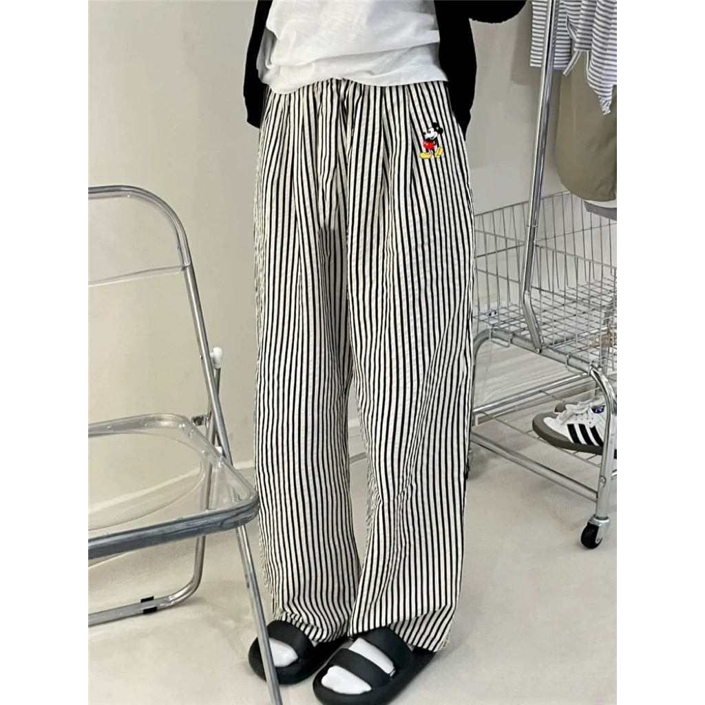 Quần Dài Cạp Cao Ống Rộng Phối Sọc Kẻ Chát Cotton Xịn Mát Mẻ Thám Hút Mồ Hôi Mặc Đi Chơi Đi Làm Siêu Đẹp