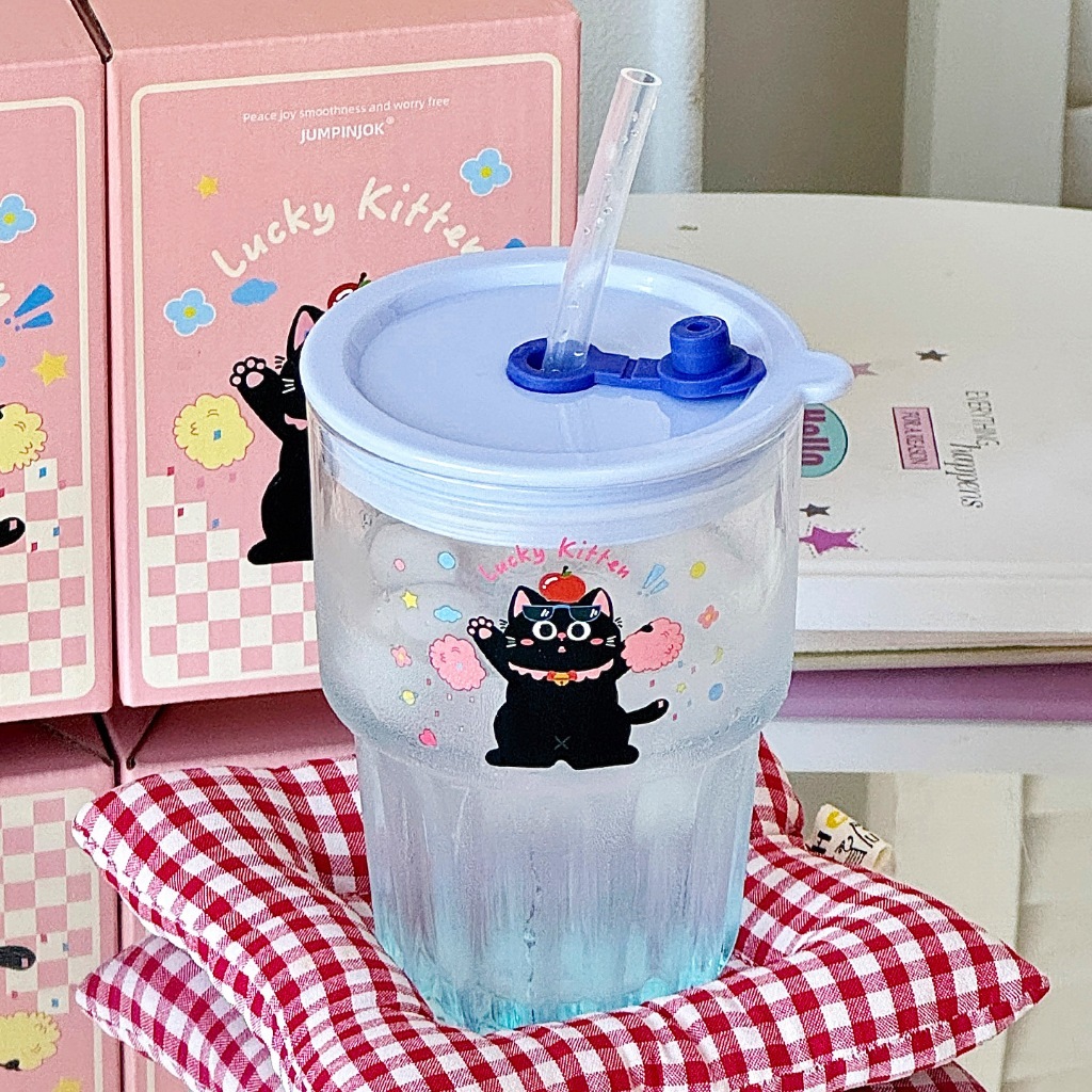 Cốc Thủy Tinh 380ml Kèm Nắp Và Ống Hút Họa Tiết Mèo Dễ Thương Mun Store COCTTMEO375