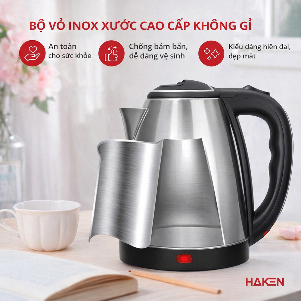 Ấm Đun Nước Siêu Tốc HAKEN 1.8L – 1500W Inox 304, Sôi Nhanh, Tự Ngắt, Đế Xoay 360 Độ