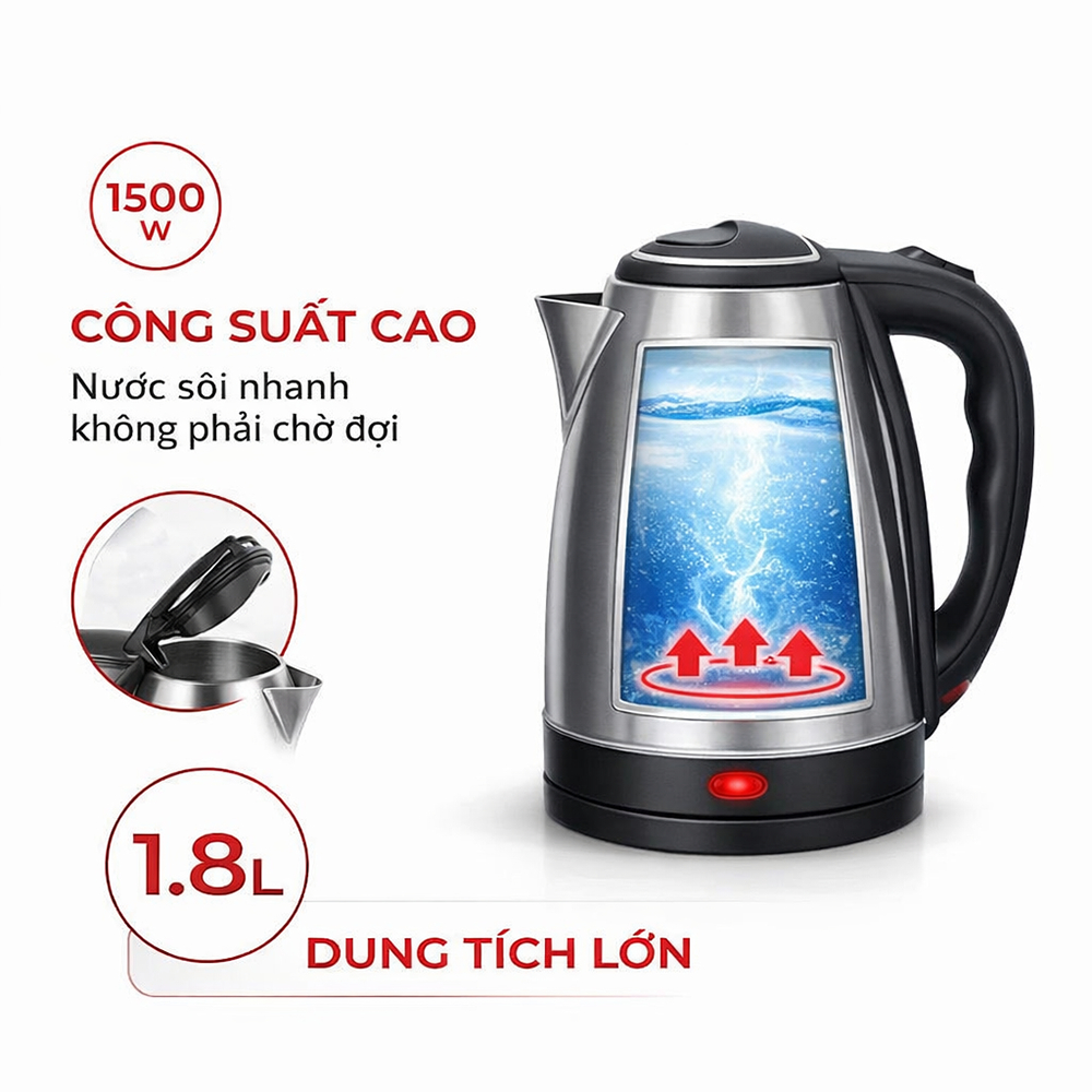 Ấm Đun Nước Siêu Tốc HAKEN 1.8L – 1500W Inox 304, Sôi Nhanh, Tự Ngắt, Đế Xoay 360 Độ