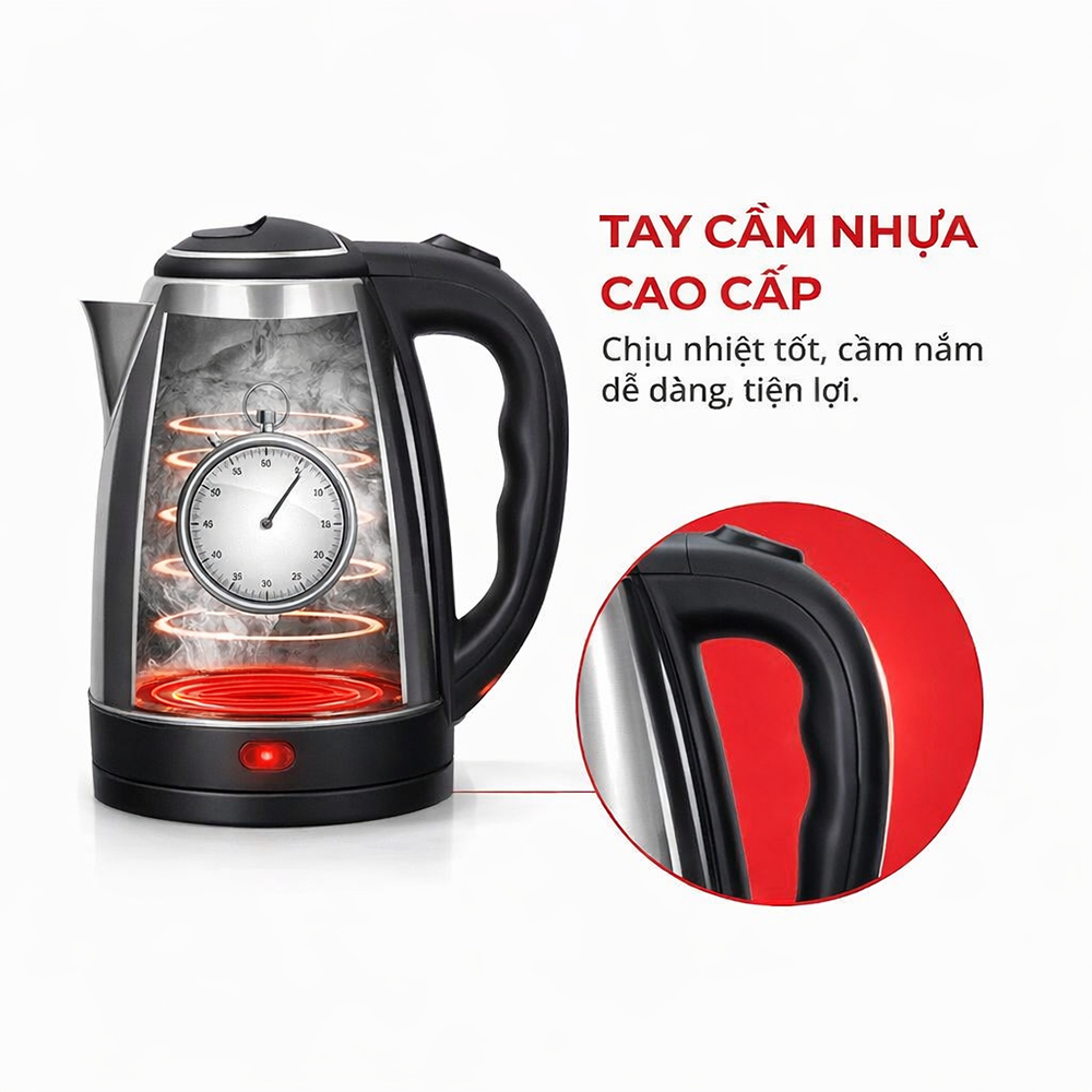 Ấm Đun Nước Siêu Tốc HAKEN 1.8L – 1500W Inox 304, Sôi Nhanh, Tự Ngắt, Đế Xoay 360 Độ