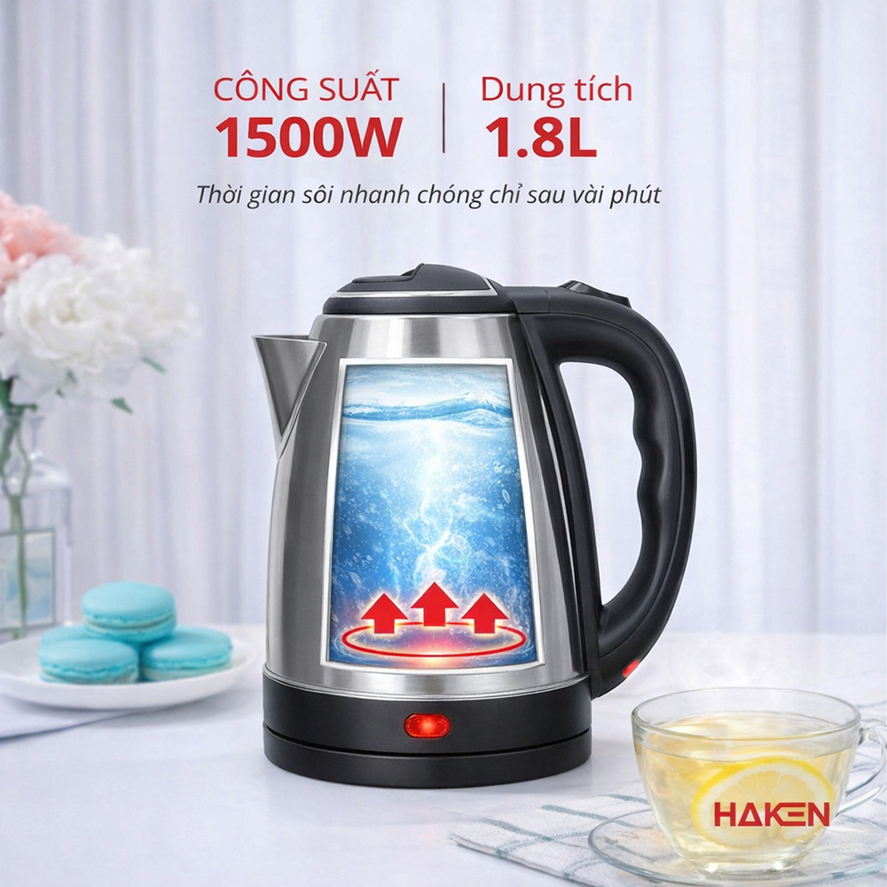 Ấm Đun Nước Siêu Tốc HAKEN 1.8L – 1500W Inox 304, Sôi Nhanh, Tự Ngắt, Đế Xoay 360 Độ