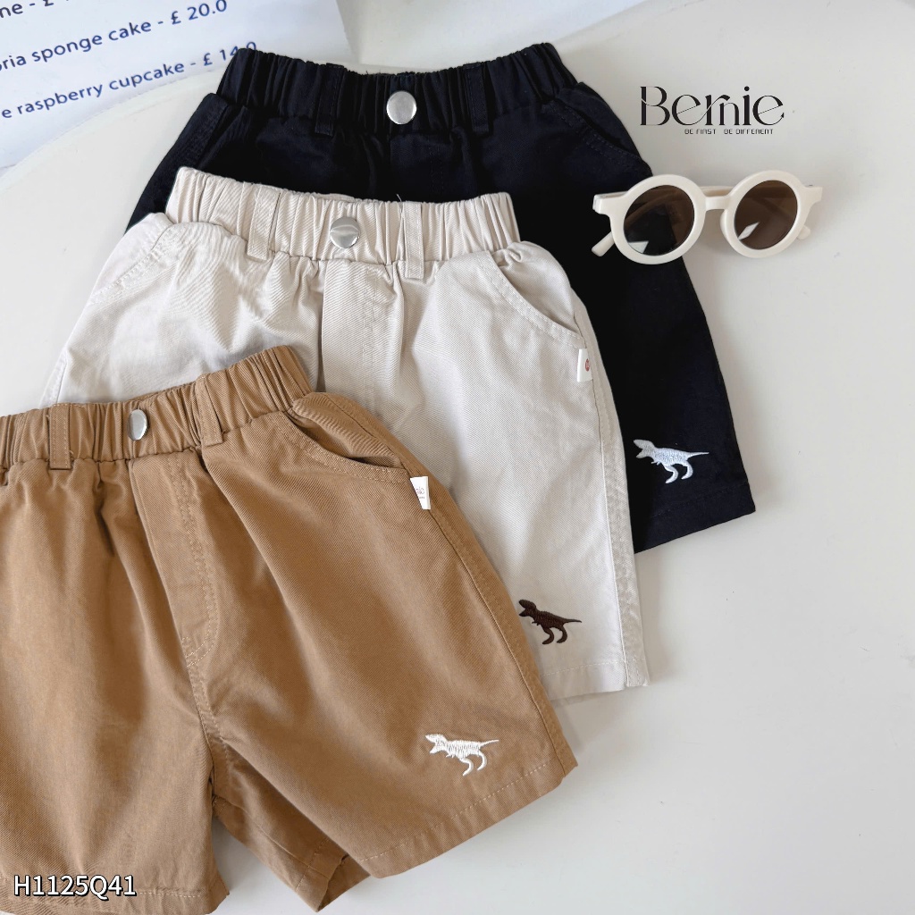 Quần kaki thêu khủng long Dino cho bé trai, quần short kaki basic trơn màu bé trai mềm